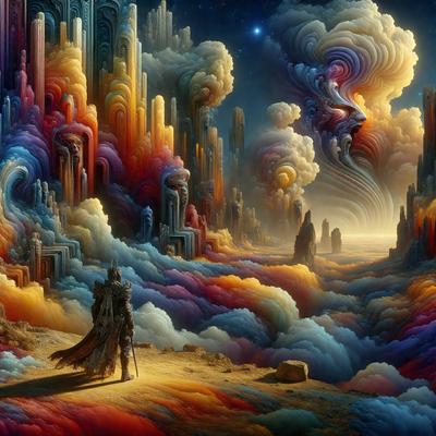 The primary subject of the image is a person, possibly a wizard, standing in a colorful, surreal landscape. The setting includes a sky filled with clouds and a backdrop of a colorful, artistic cityscape. The visual style of the image is digital art, with a vibrant and imaginative atmosphere. The dominant colors in the scene are red, orange, and yellow, creating a lively and whimsical mood.